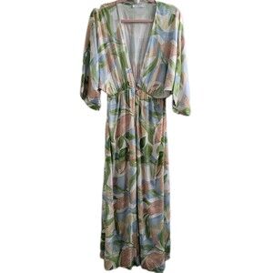 Girl & The Sun Floral Maxi Dress L Boho V Neck Empire Waist Free People Rayon